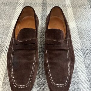 Men's Faconnable Brown Suede Penny Loafers with white trim, 11